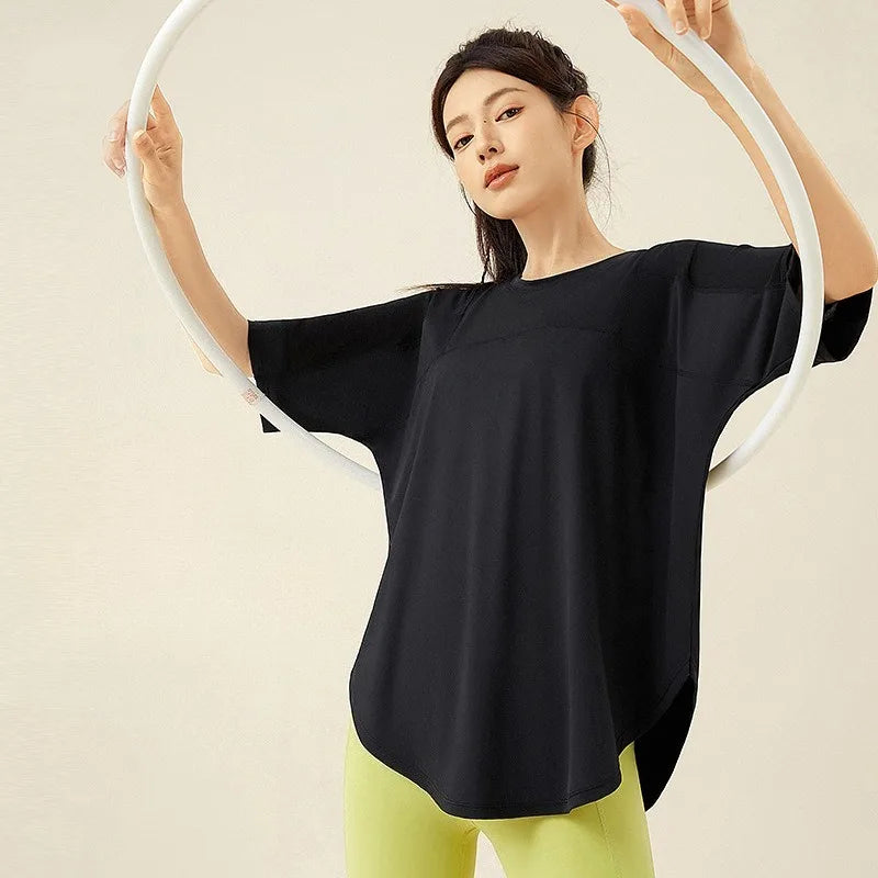 Yoga Clothes Women's Running and Fitness Clothes Hip Covering Long Sports T-shirt Loose Plus Size Short Sleeved Sports Top