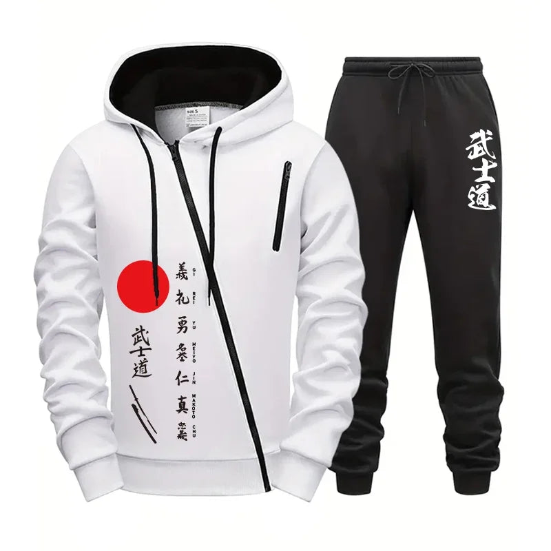 2025 New Arrival Men's Bushido Print Hoodie Sweatpants High Quality Male Outdoor Casual Sport Jogging Suit Motorcycle Zip Outfit
