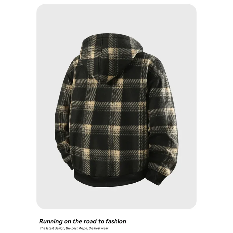 Men's New Plaid Hooded Jacket Sweater Autumn/Winter Fleece Coat Thickened Warm Casual Clothing Windproof Outerwear