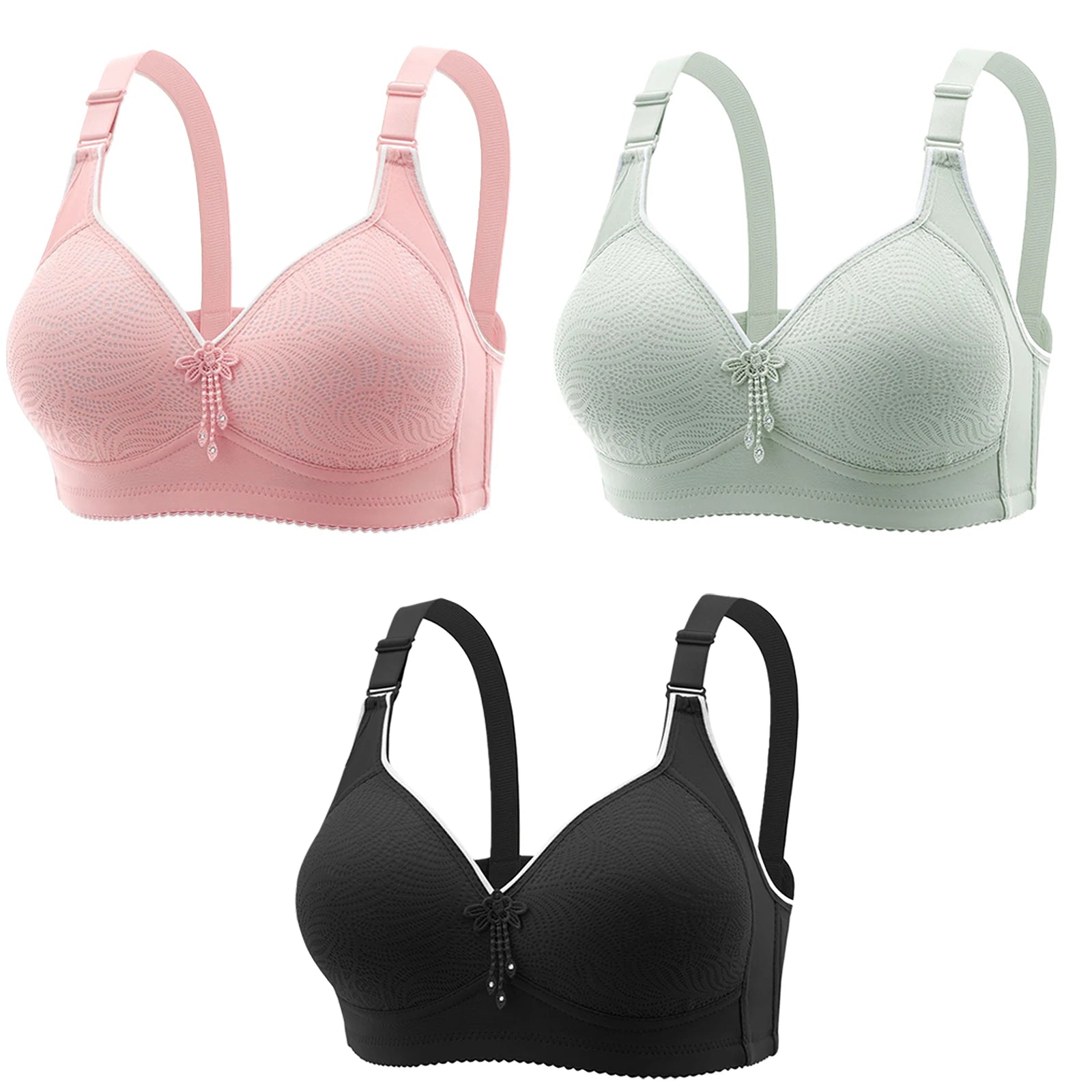 3pcs Women's Bra Lingerie - Appliques Jacquard Lightly Padded Push-Up, Adjustable Straps for Cup A B C D, Sexy Underwear