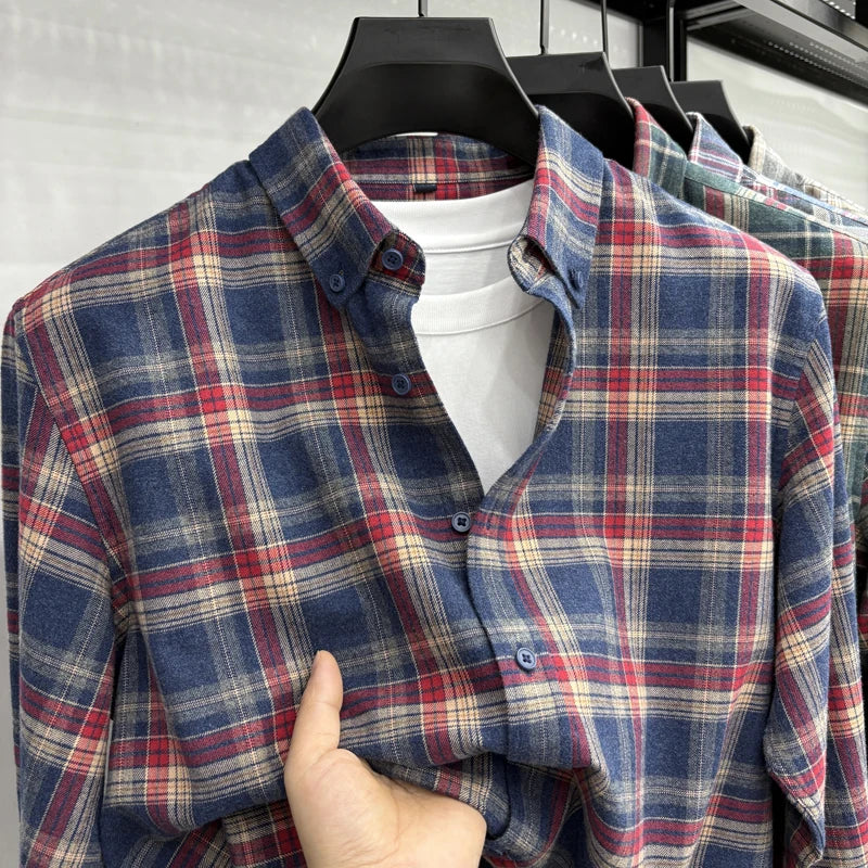 100Cotton High Quality Men's Lapel Contrast Plaid Long Sleeve Shirt Autumn New Matted Breathable Fashion Casual Trend Menswear