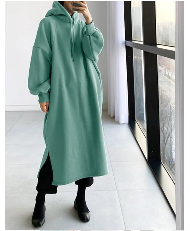 2025 Thicken Autumn Winter Women Oversized Hoodie Long Dress Solid Fashion Long Sleeve Female Clothing Casual Loose New Dresses