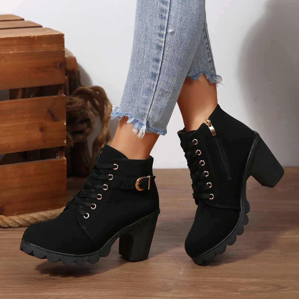 2025 Women High Heel Ankle Boots Autumn Lace Up Comfortable Short Boots Retro Fashion New Trend Lady Shoes Women Botas De Mujer