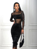 CNYISHE Mesh Patchwork Solid Sheer Bodycon Sheath Midi Party Dresses for Women Long Sleeve Slash Neck Outfits Sexy Club Female