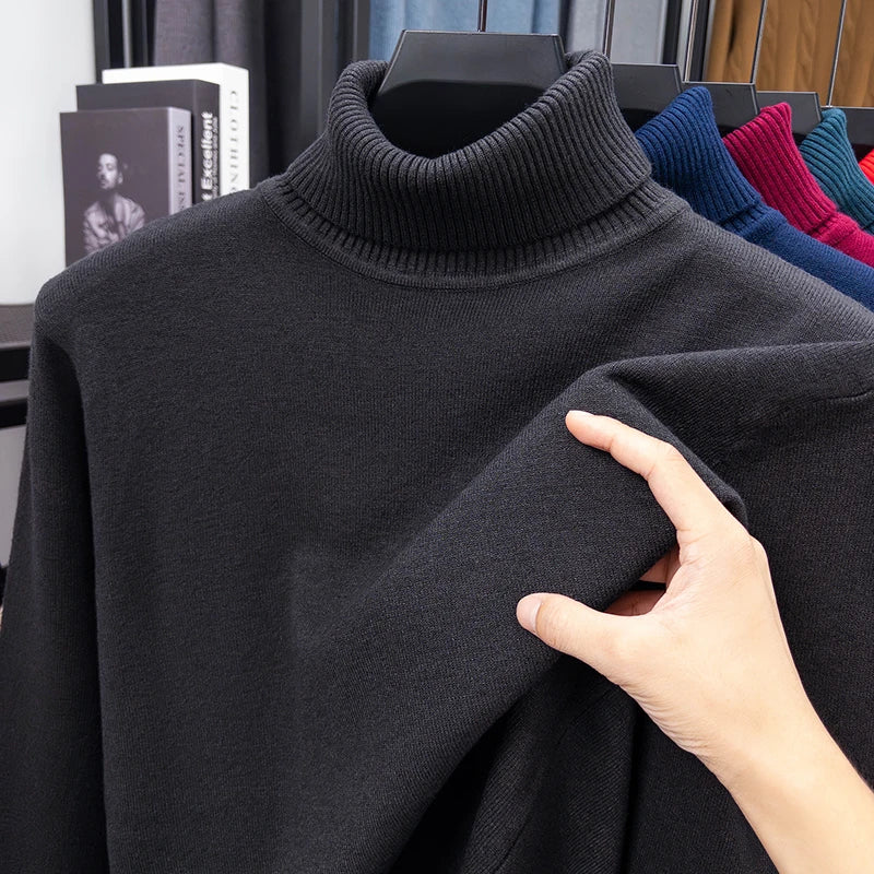 Autumn Mens High Quality Knitted Turtleneck Sweater Slim Fit Long Sleeve Anti-pilling Pullover Solid Color Trend Men Streetwea