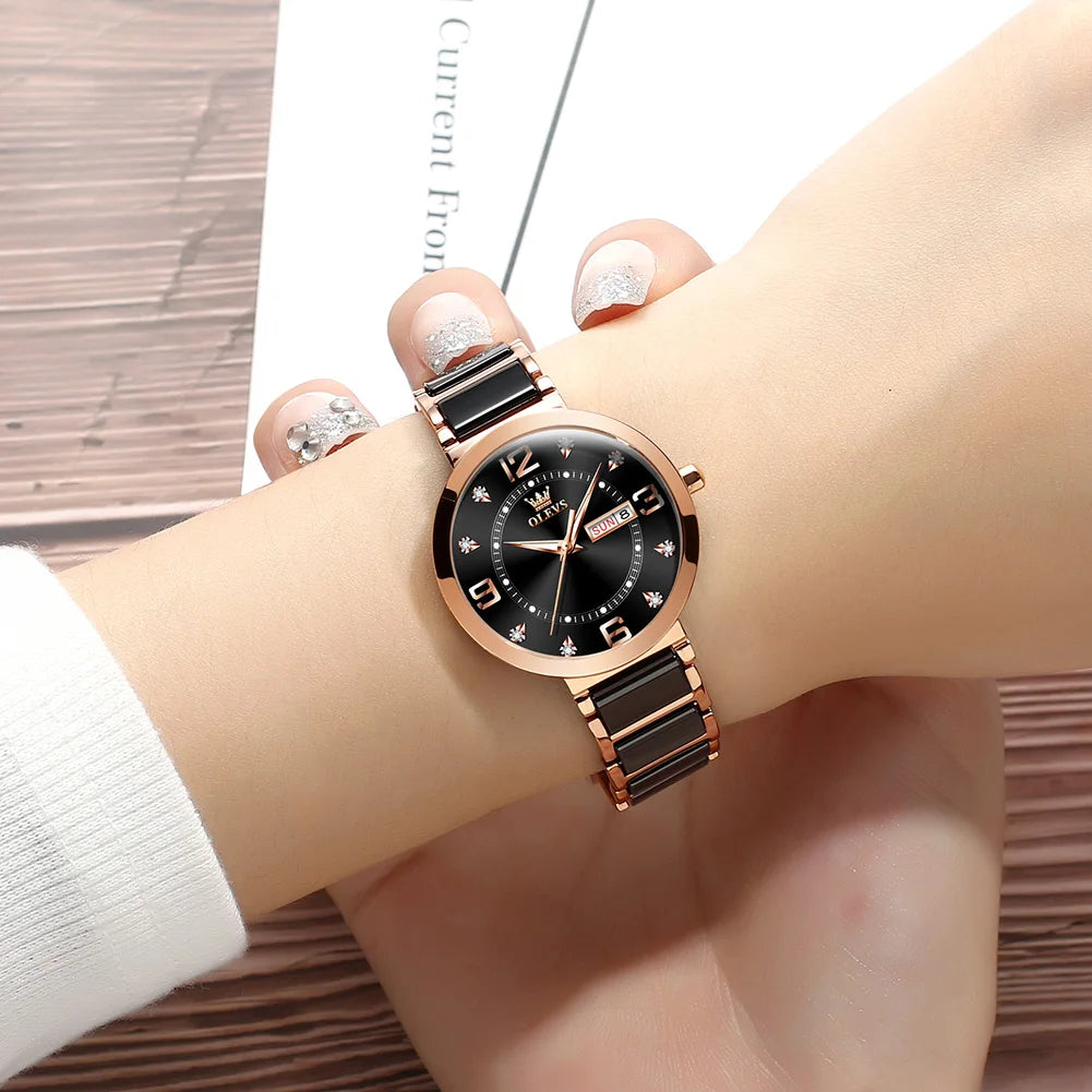 OLEVS New Ceramics Watchstrap Watch For Women Luxury Business Diamonds Wristwatch Fashion Waterproof Dual Calendar Woman Watches