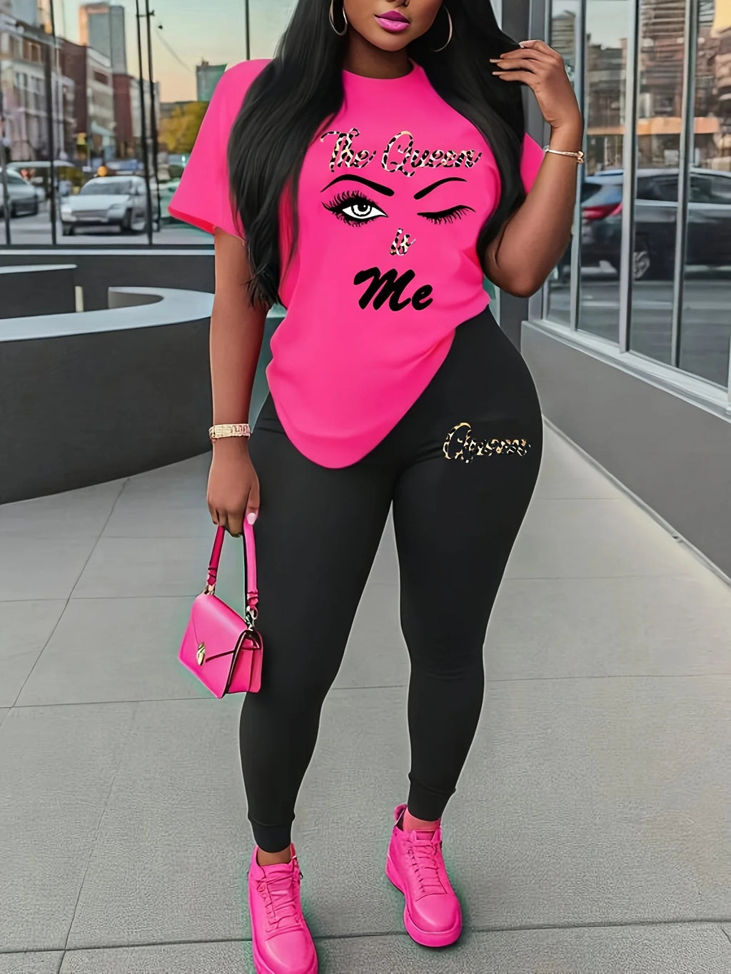 Women's Sports Outfit Set, Plus Size Abstract Figure Print Short Sleeve T-shirt Top & Medium Stretch Comfy Pants Fitness Outfit