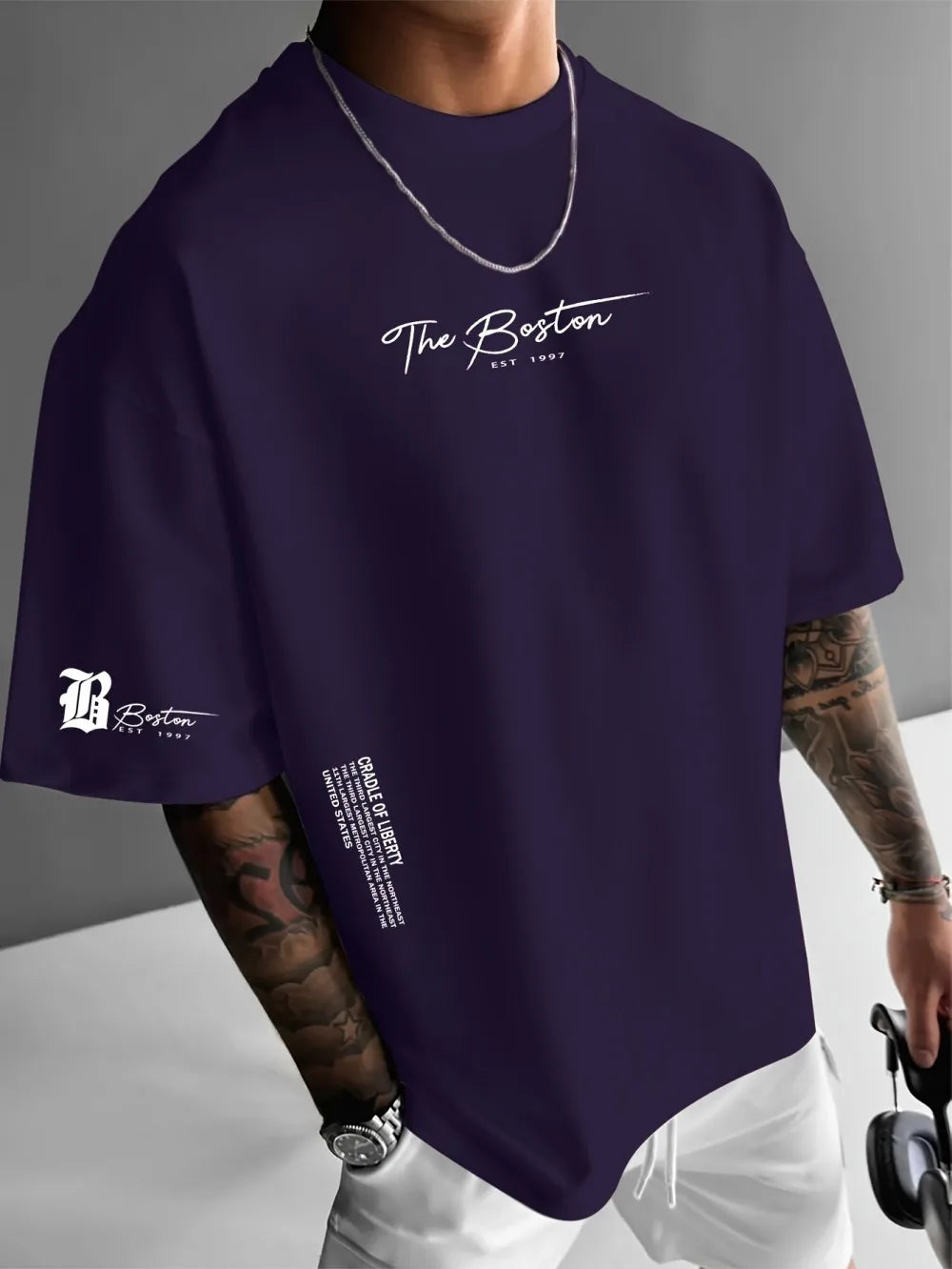 New men's polyester fabric casual comfortable breathable round neck T-shirt with letter pattern suitable for outdoor sports