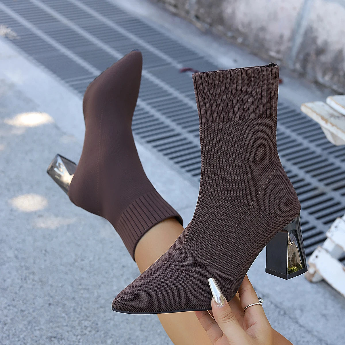 Women Fashion Ankle Boots Autumn Pointy Solid Color Stretch Knitted Sock Boots Women Chunky Slip on Plus-size Shoes for Women