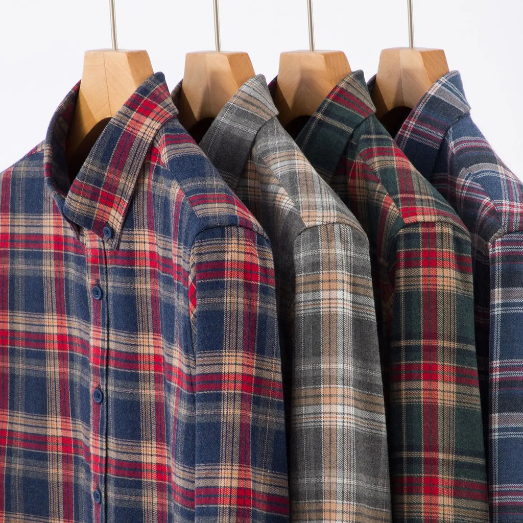 Men's Plaid Long Sleeve Shirt Fleece Finish Casual Style High End Feeling Autumn Winter Collection Fashionable Youth Urban Wear