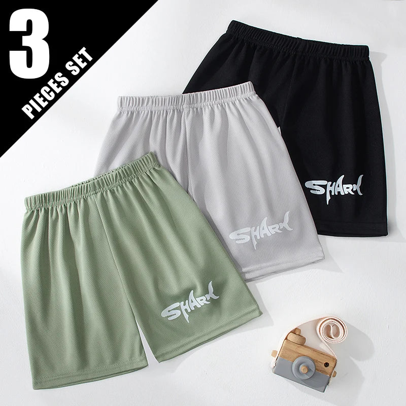 2/3pcs Children's Solid Color Shark Letter Quick-drying Shorts Boys Leisure Aports Running Pants Holiday Beach Hot Pants Student