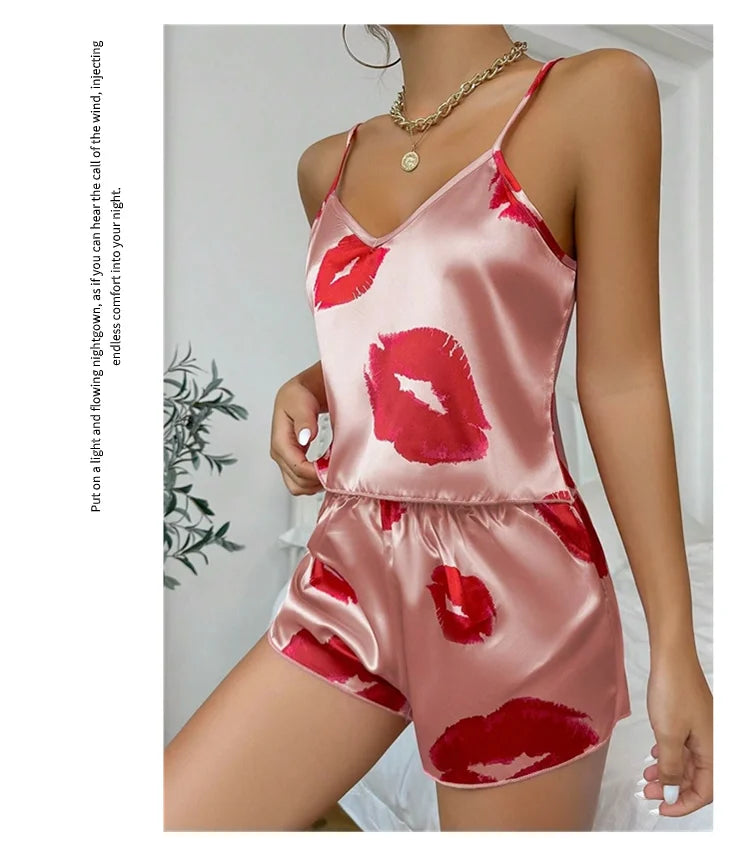 Women's Cute Heart Print Satin Pajama Set - V Neck Cami Top and Elastic Shorts for Comfortable Sleep and Lounging Homewear