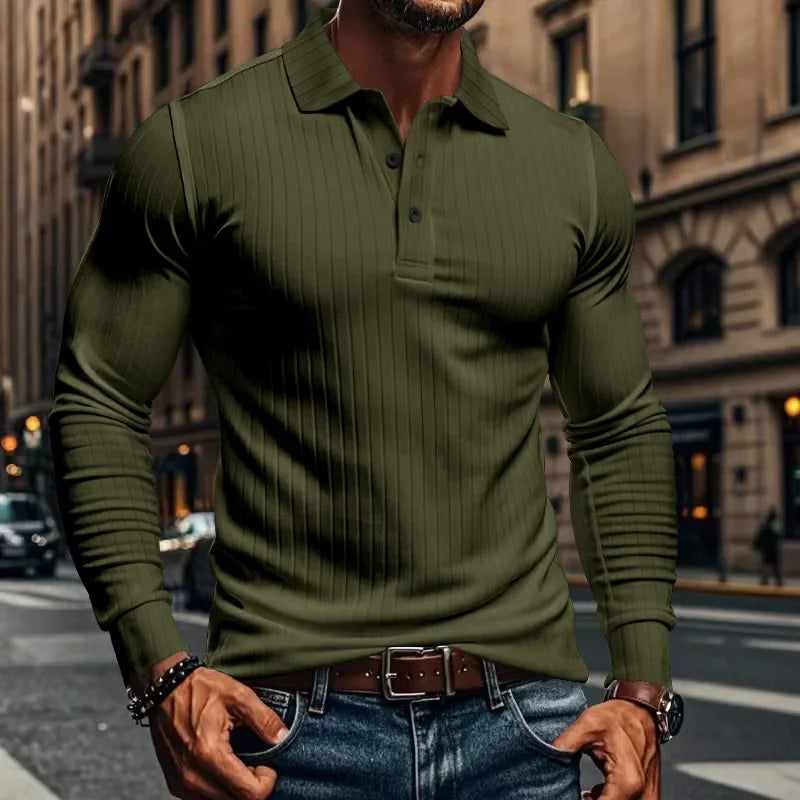 Men's Autumn  Classic Casual  Elastic Pit Strip Polo ShirtAmerican  Lapel Button-up Long-Sleeved T-shirt