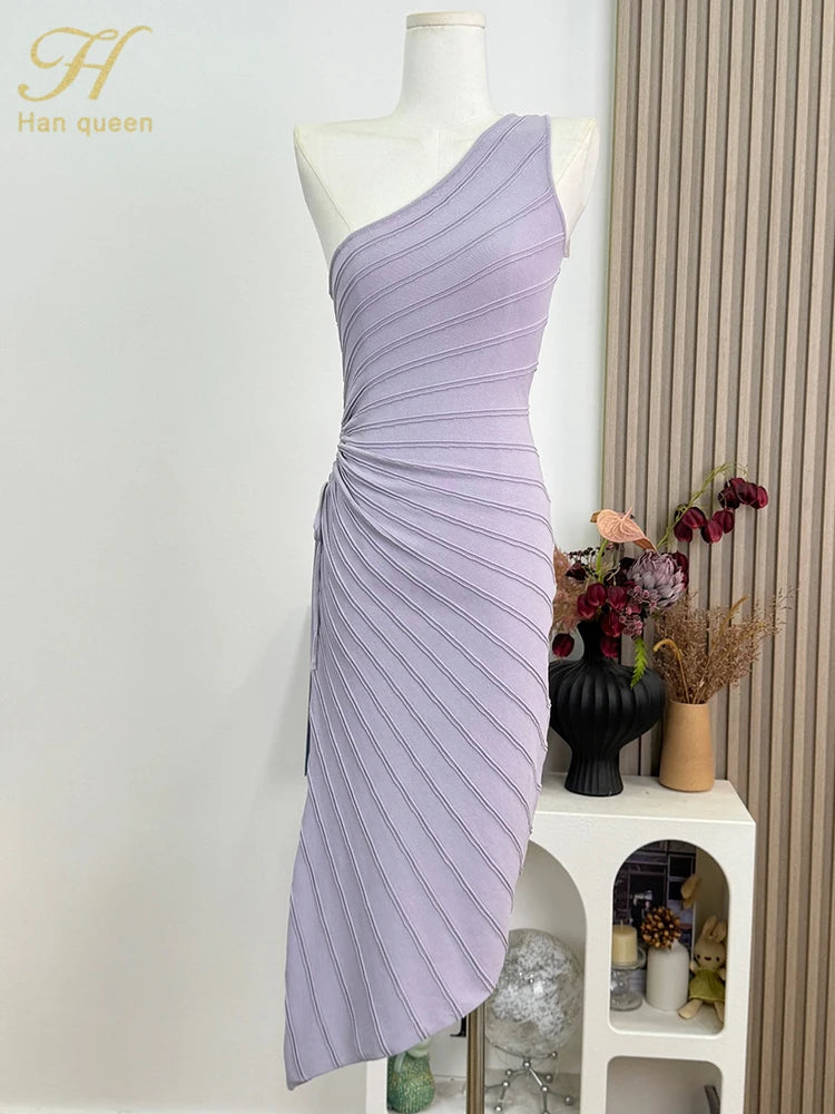 Women Elastic Summer Simple Party Dresses Sexy Irregular One Shoulder Stripe Sheath Pencil Dress