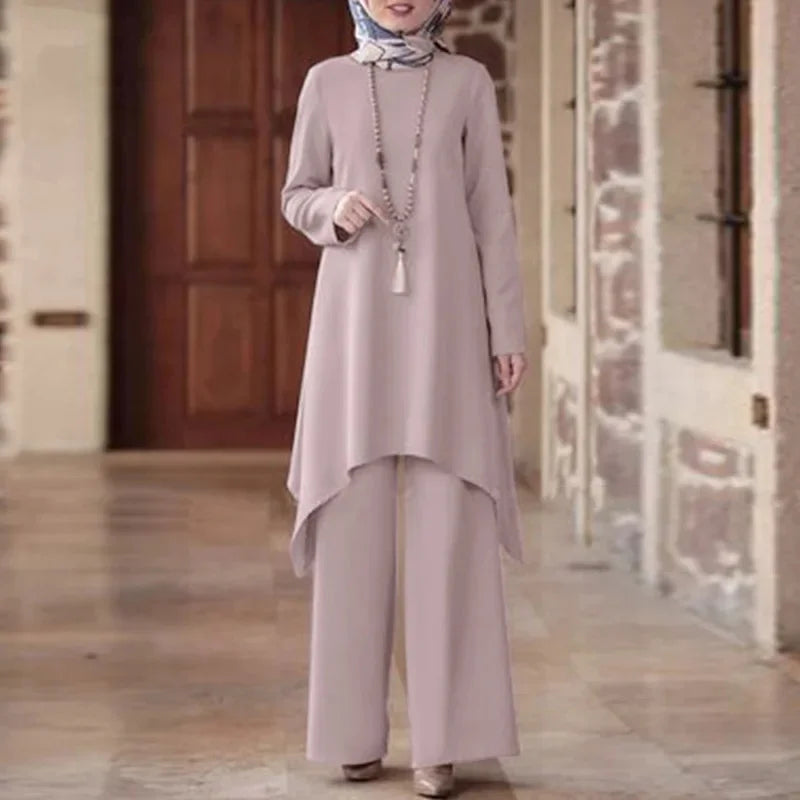 Hot Sale Of The Season Muslim Women's Fashion Casual round Neck Overhead Long Pants Midi Skirt Set Solid Color Middle East Cross
