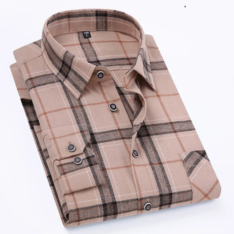 Men's 100% Pure Cotton Flannel Soft Regular-fit Long Sleeve Brushed Shirt Single Pocket Comfortable Casual Plaid Shirts 11XL-9XL