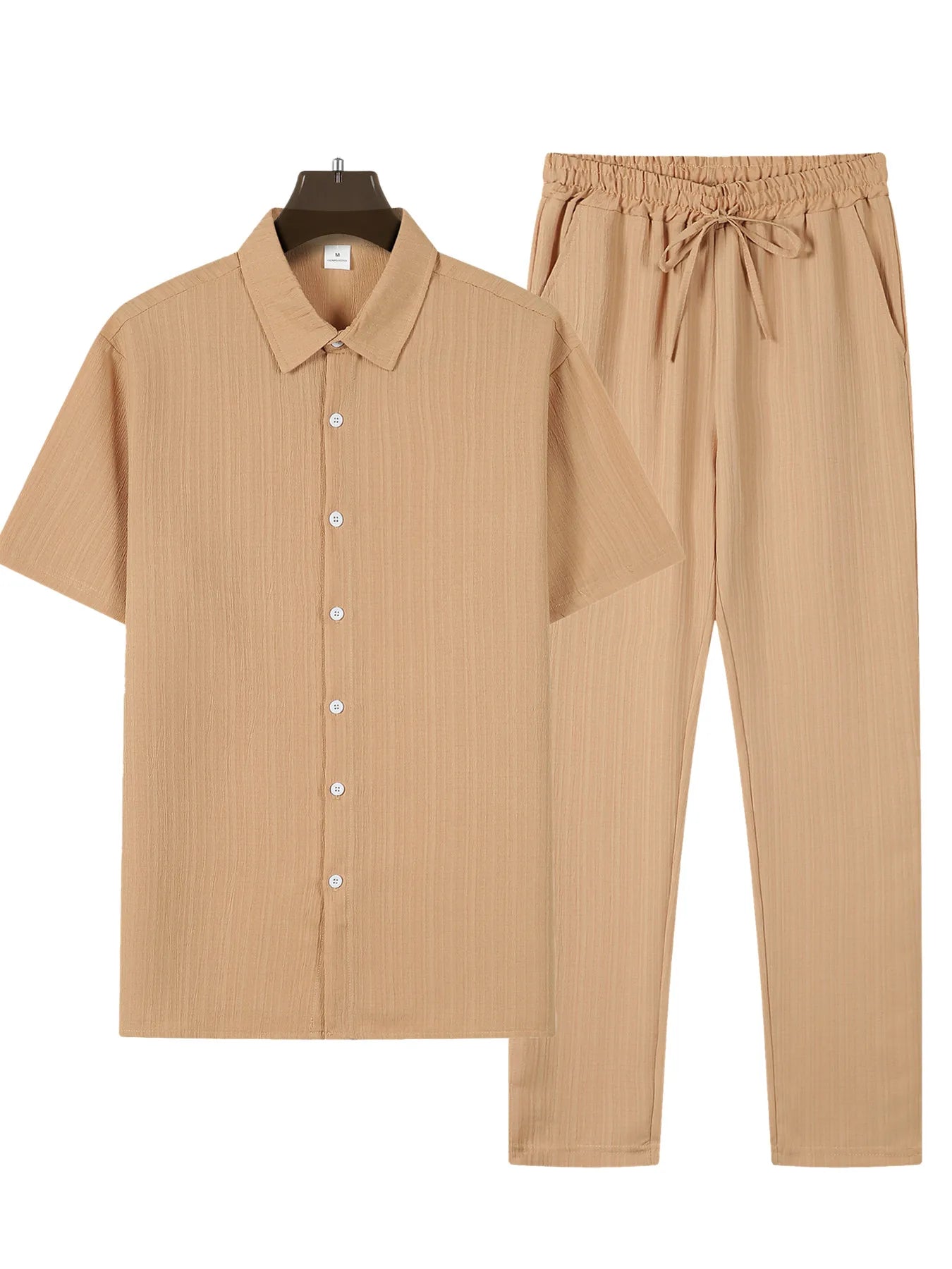 European and American men's shirt set solid color vertical strip lapel short-sleeved casual pants home daily beach set