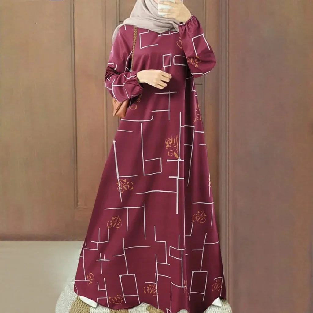 New 2025 Long Sleeve round Neck Printed Loose Fit Maxi Dress Women's Casual Wear Middle East Muslim Style Cross Border Fashion