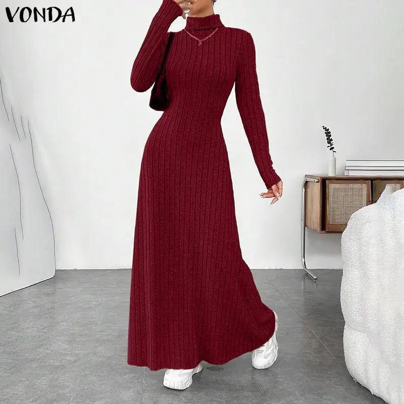 VONDA Women Turtleneck Sweater Dresses Autumn Long Sleeve Knitted Maxi Vestidos Elegant Office Streetwear Solid Party Robe Femme