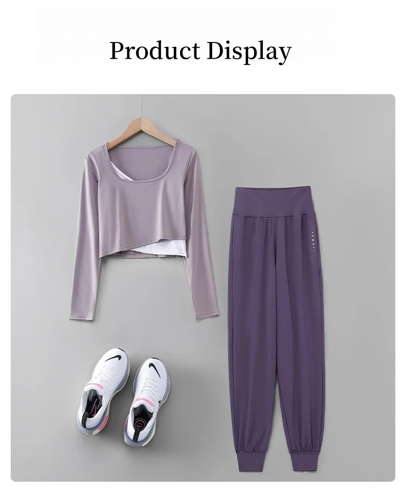 DRUR Women Yoga Set Loose Fit Gym Outfit Long Sleeve Top Pants 2 Piece Sportswear Outfit Running Jogging Suit Fitness Clothing