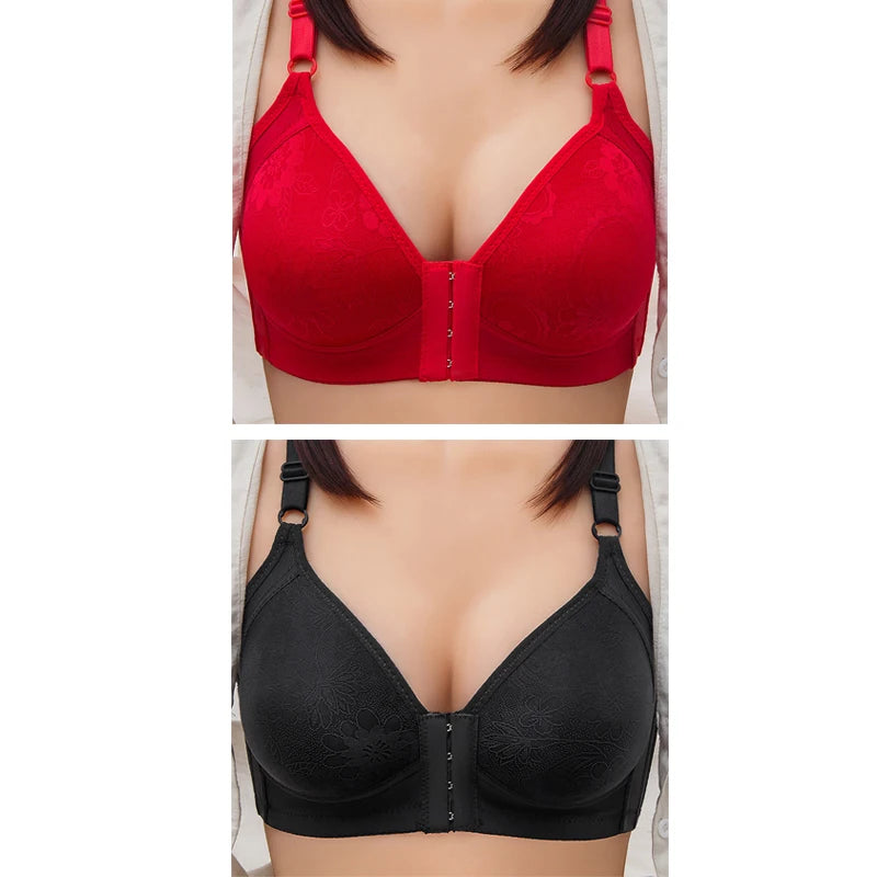 2pcs Womens Front Clasp Full Cup Bras No Steel Ring Support Lace Bralettes Large Size Mom Brassiere Comfort Ventilate Underwears