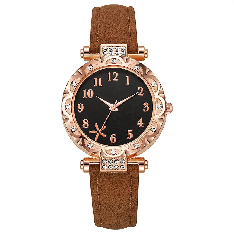 Fashion Sunflower Dial Watch Rose Gold Women's Starfish Quartz Watch Leather Strap Temperament Water Diamond