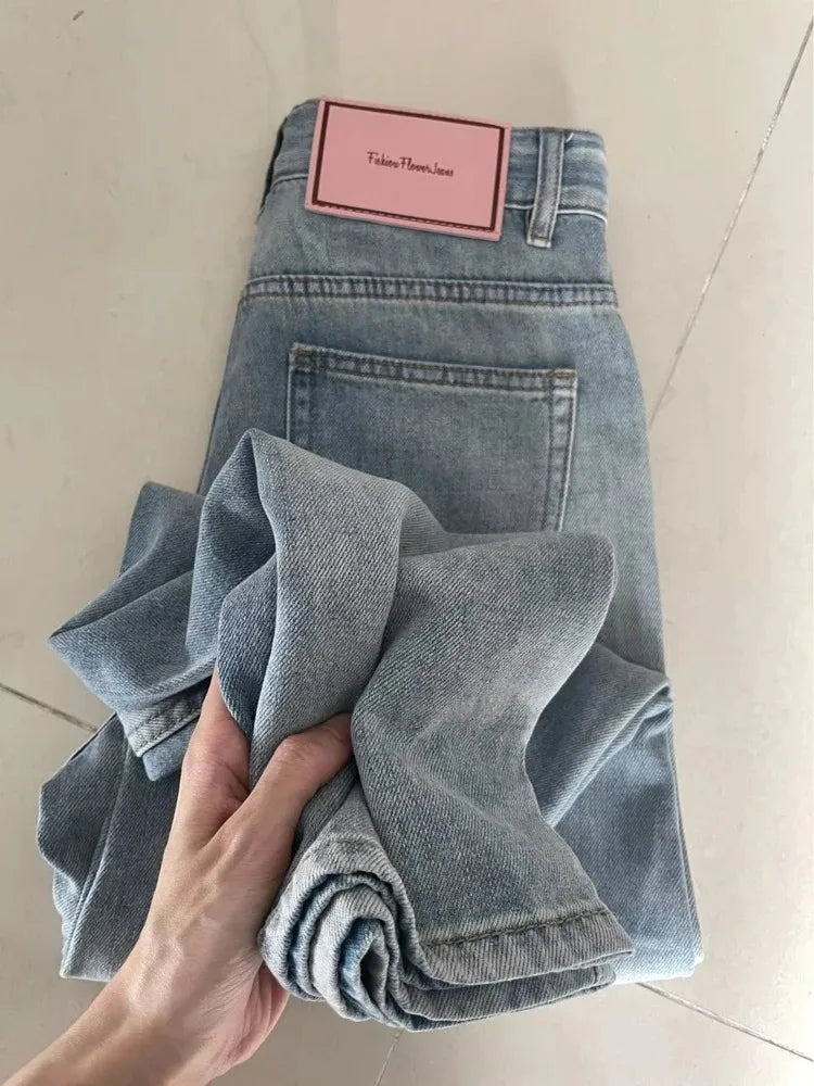 Light blue loose straight jeans female autumn new style high waist show thin all hang feeling wide leg pants ins tide