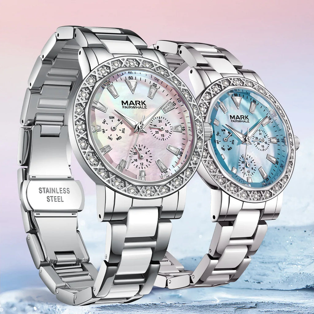 Mark Fairwhale Dress Pink Diamond Watch For Women Fashion Ceramic Chain Quartz Watch Luxury Brilliant Beimu Wristwatch Ladies