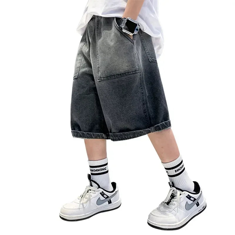 Boys Summer Denim Five-point Pants Kids Fashion Gradient Color Denim Shorts Trousers Teen Casual Jeans Children's Clothing
