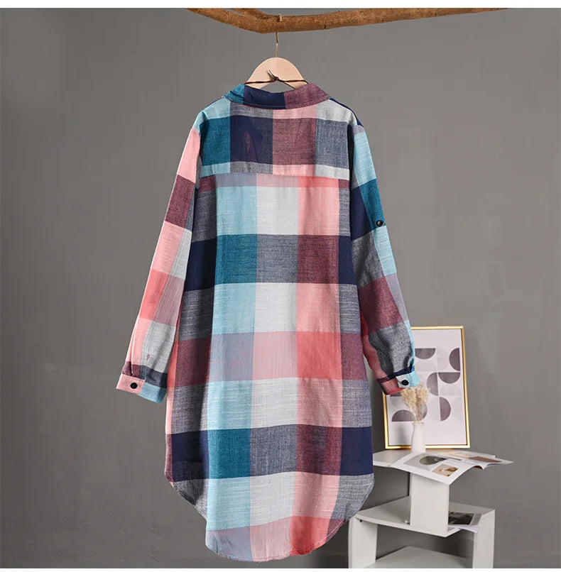 Women's Plaid Shirt Casual Blouses Woman Tops for Women Long Sleeve Long Sleeve Shirts Chic Blouse Check Linen Cotton Clothing