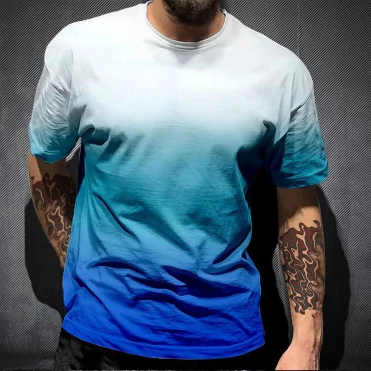 Fashionable men's breathable round neck T-shirt with gradient printed pattern, outdoor sports and leisure quick drying casual to