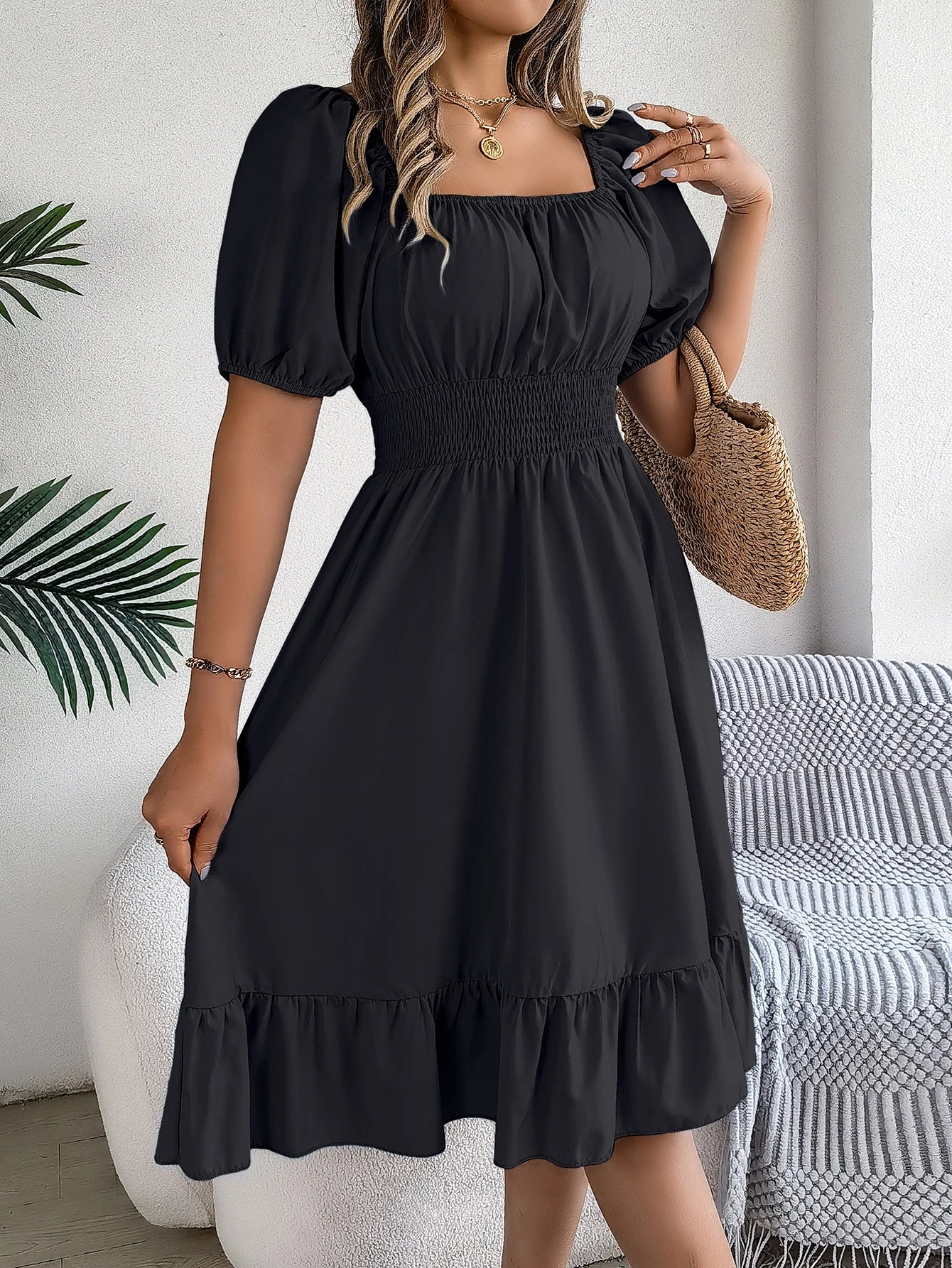 Spring Summer Elegant High Waisted Dress Square Neck Short Sleeved Ruffled Edge Long Dresses for Women 2026 Valentine's Day