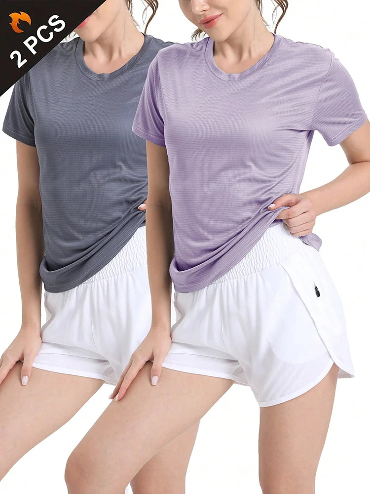 2Pcs Women's Solid Color Ultralight Quick Dry Sport T-Shirt, Breathable Lightweight Top For Fitness Training Workout Running Gym