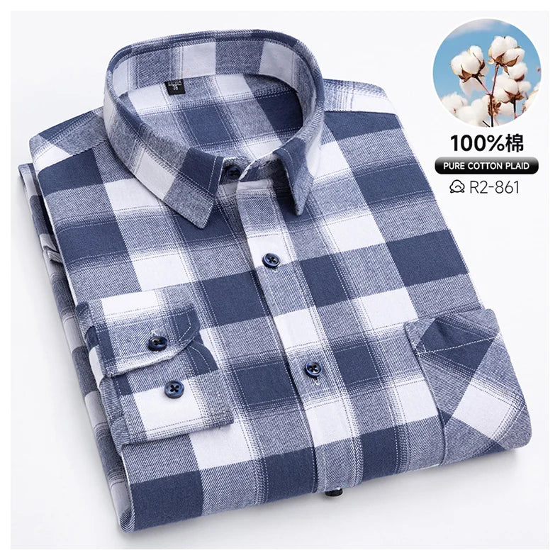 Pure Cotton Men's Plaid Shirts Long Sleeved Regular Fit Casual Office Fashion Shirts Leisure Autumn Male Check Blouses Plus Size