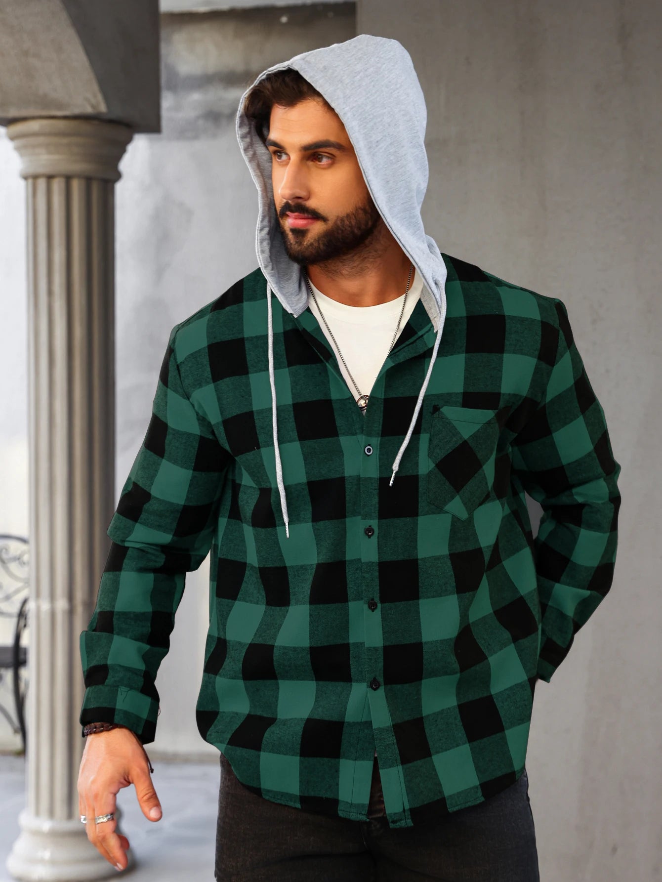 Mens Colorful Plaid Hooded Cardigan Color Block Sweatshirt with Pockets Top Jacket