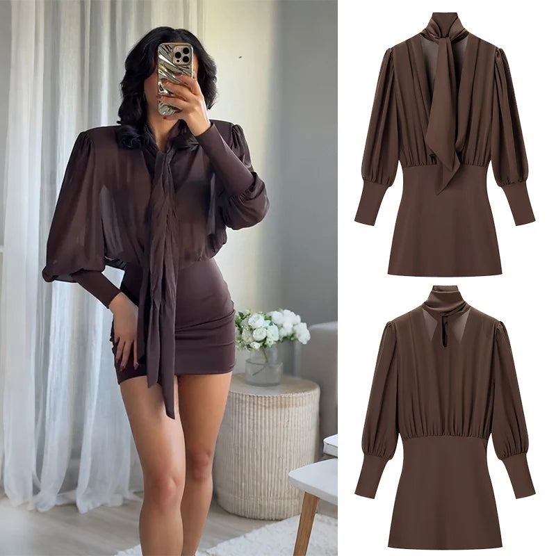 CharmChant Brown Tie Dresses for Women Backless Slim Fit Long Sleeve Bodycon Mini Dress Elegant Chic Party Clubwear Trend 2025
