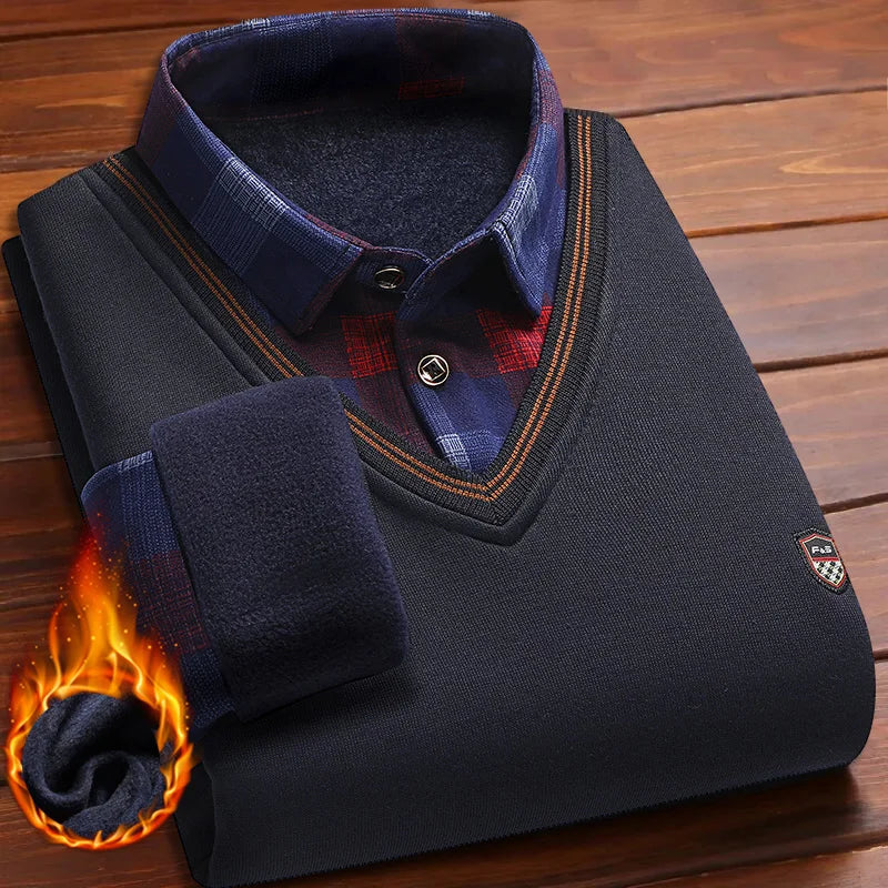 Vintage Plaid Sweater Pullover Men Thick Warm Knitwear Winter Autumn Clothing Patchwork Men's Fleeced Polo Collar Pullovers