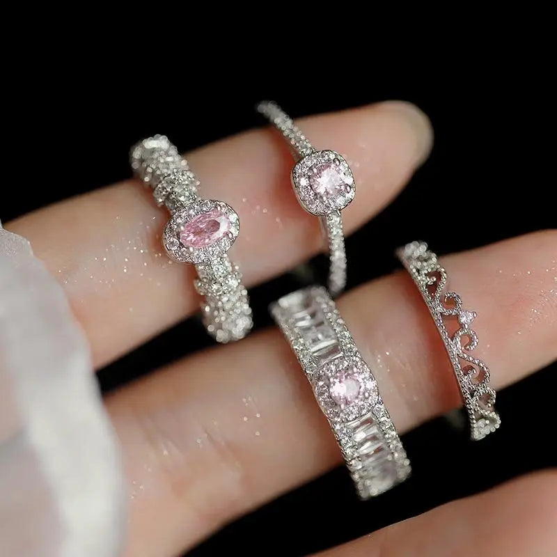 2023 New Fashion Korean Love Heart Pink Rhinestone Silver Color Open Ring for Women Shiny Luxury Adjustable Rings Jewelry Gifts