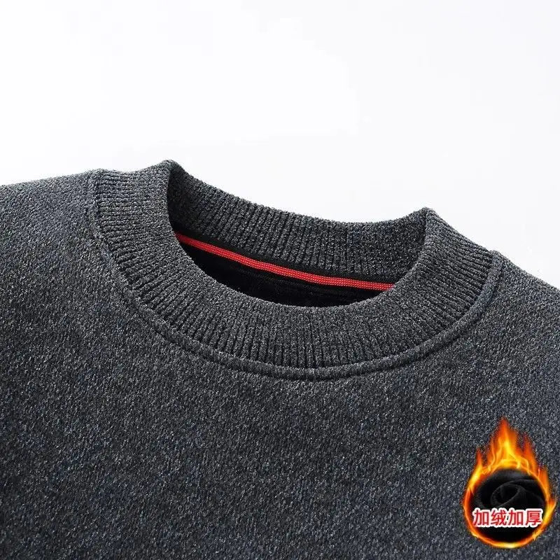 Men's Sweatercoat Autumn Winter O-Neck Knit Letter Plush Fleece Lined Warm Wool Pullover Sweater Men Bottoming Pullovers Jumper