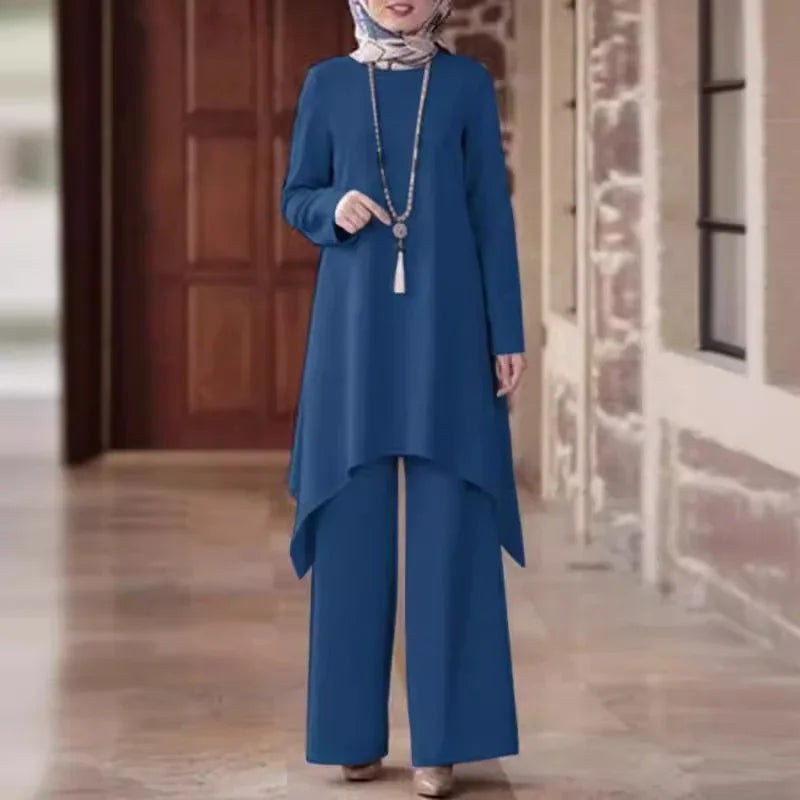 Hot Sale Of The Season Muslim Women's Fashion Casual round Neck Overhead Long Pants Midi Skirt Set Solid Color Middle East Cross