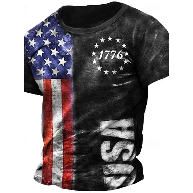 Summer Men's Retro Flag Printed T-shirt 3D Skull Round Neck Short Sleeve Casual Breathable Men's Large Size T Shirt Hot Model