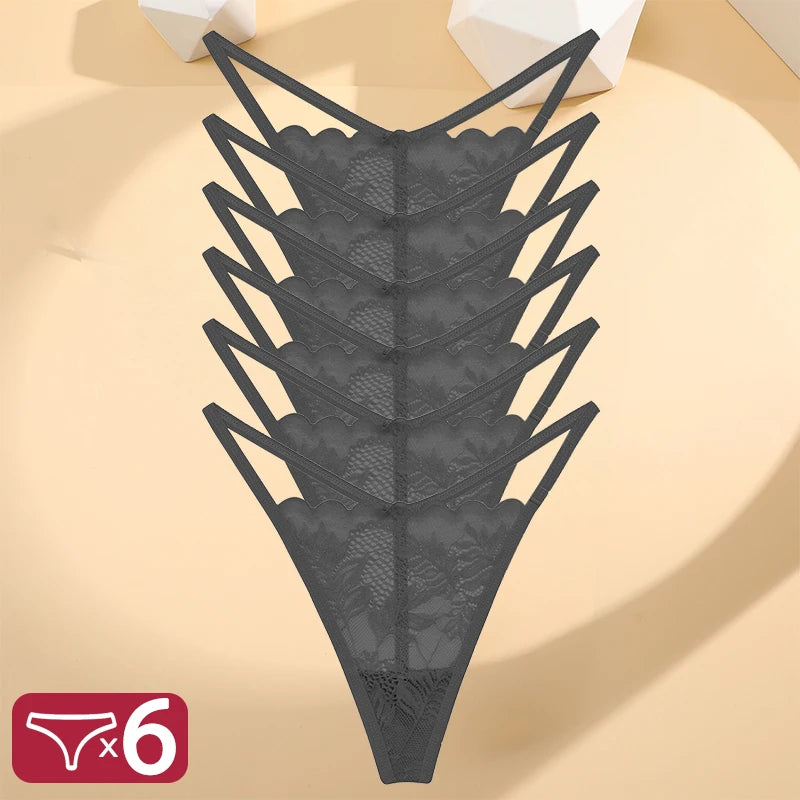 FINETOO 6PCS/Set Lace Thong Female Bikini Lady Intimates S-XL Women Seamless Panties Sexy Girl's Underwear Transparent Briefs