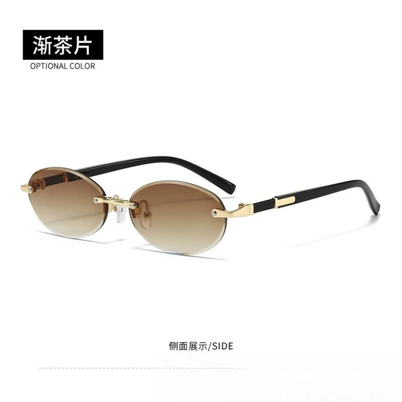 Popular Fashion Women Men Shades Oval Sun Glasses for Female Male Traveling Rimless Sunglasses Lentes De Sol Hombre Óculos