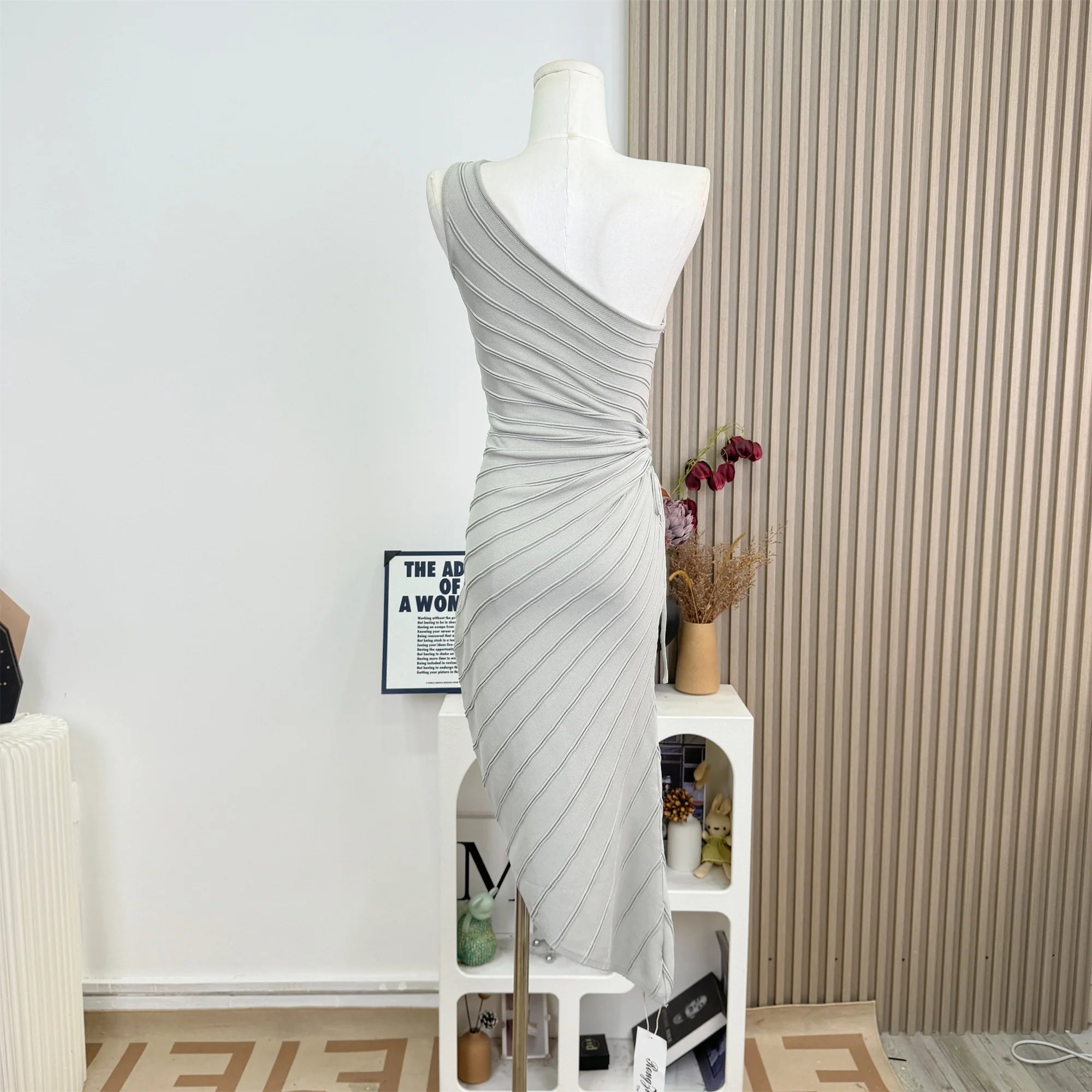 Women Elastic Summer Simple Party Dresses Sexy Irregular One Shoulder Stripe Sheath Pencil Dress