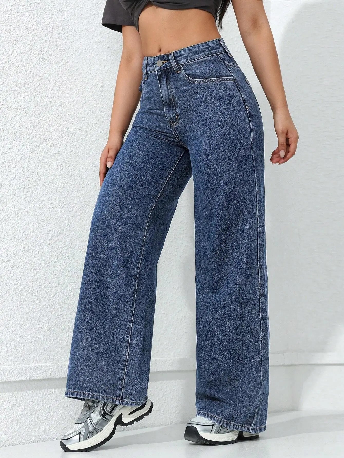 Retro Loose Wide Leg Jeans Fashion Women Solid Straight Wash High Elastic Waist Denim Pants Casual Streetwear Pocket Trousers