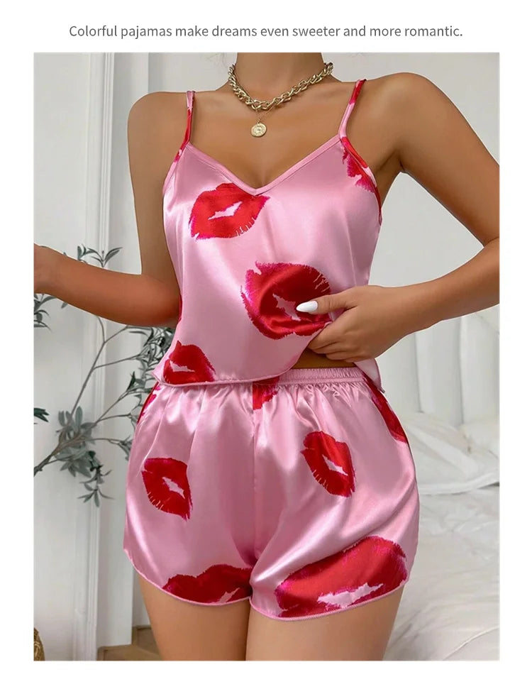 Women's Cute Heart Print Satin Pajama Set - V Neck Cami Top and Elastic Shorts for Comfortable Sleep and Lounging Homewear