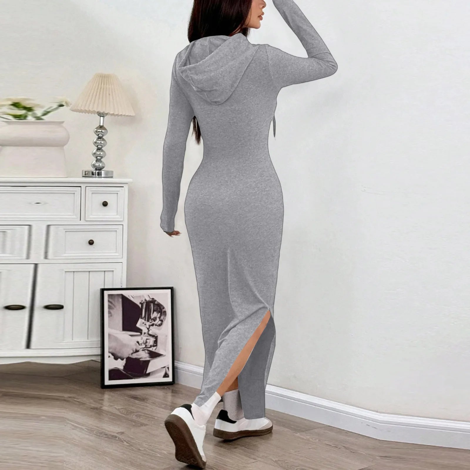 Women's Long Dress High Waisted Slim Fitting Pencil Skirt Bodysuit Fashion Long Dress Casual Dresses Sweatshirt Hooded Dress