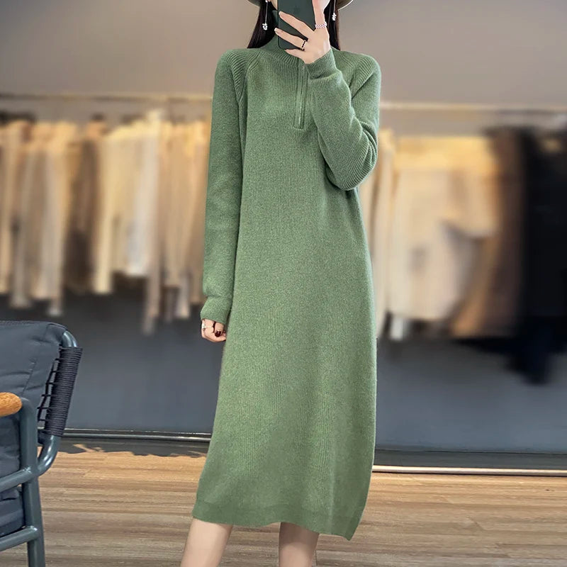 Thick Zipper Mock Neck Chic Elegant Soft Warm Striped Basic Comfort Women's  One-piece Dress 100% Merino Wool Exquisite Sweater
