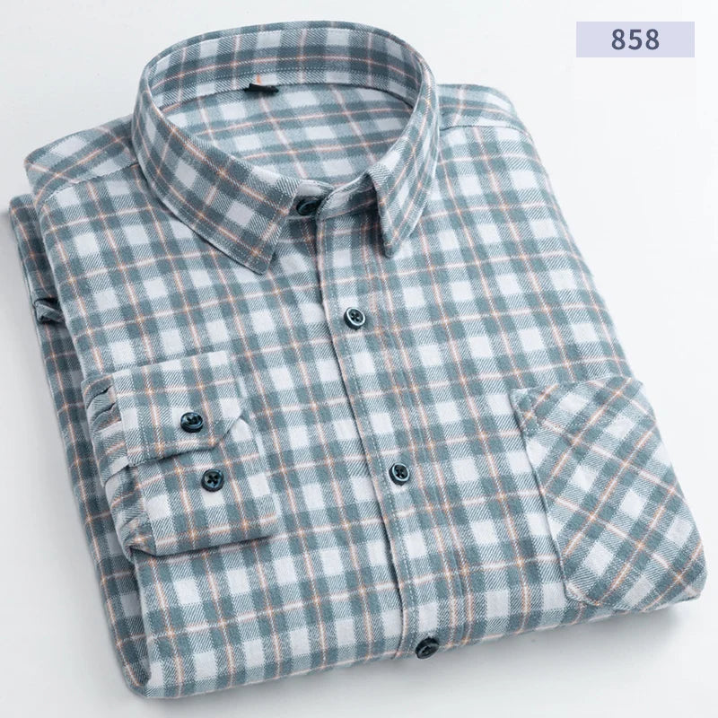 Cotton Flannel Mens Checkered Shirts Long Sleeve Soft Plaid Shirt for Men Leisure Classical Vintage Comfortable Man Clothing New