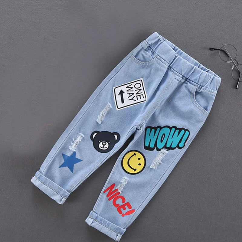 Children Jeans  Boys Cotton Print Splice Stretch Denim Pants Korean Teenage Trousers Wear Kids ClothingDenimRipped Spring Autum
